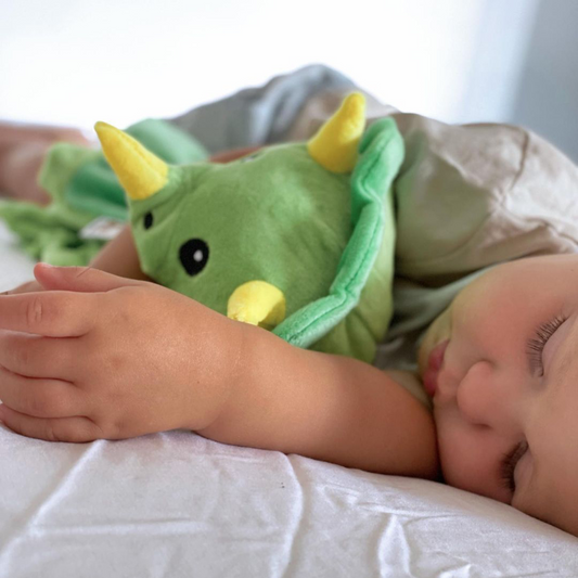 image of toddler boy snuggling his love by emi toy dinosaur that make white noise and lullaby to help him sleep