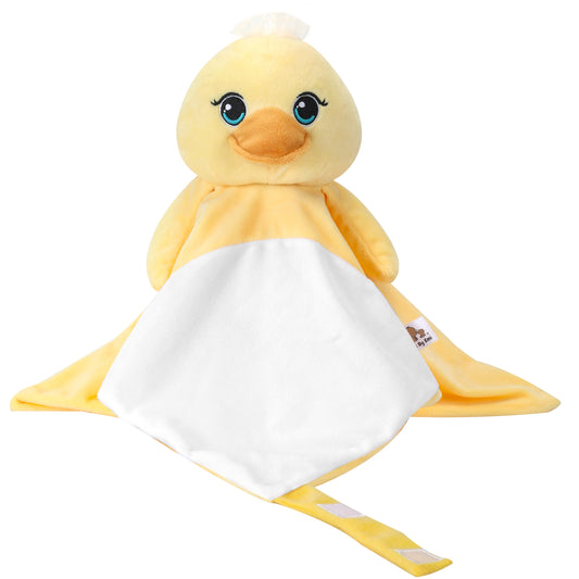 Yellow duck plush toy with a white blanket on a white background