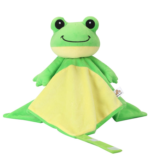 Green frog-shaped plush toy with a yellow belly on a white background